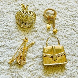 Four Beautiful Vintage Gold Toned Brooches. Two Stamped. One with Rhinestones.